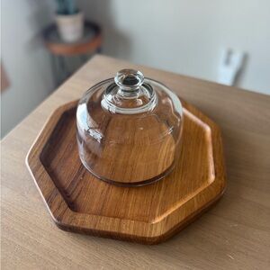 VTG DOLPHIN TEAKWOOD OCTAGONAL Cheese Cracker TRAY SERVER Glass DOME 12"